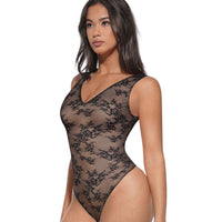 V-Neck Laced Thong Bodysuit